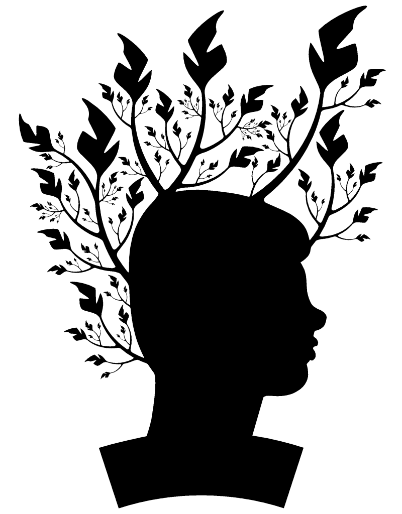 Un visage de profil avec des ramification de feuilles partant de sib crâne et s'élevant au-dessus de lui. Toute l'image est en noir.