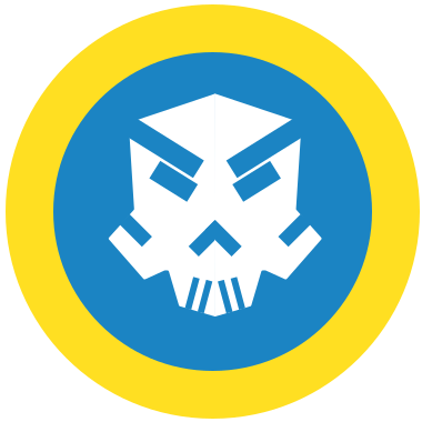Cercle bleu ciel avec une épaisse bordure jaune dans lequel se trouve un crâne des helldivers modifié.