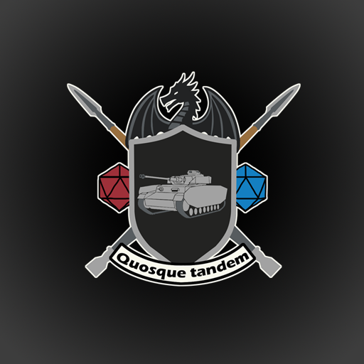 Blason noir avec un char de combat, surmonté s'un dragon noir stylisé, deux lances sont croisées derrière, deux dés à vingt face à gauche et à droite, en dessous un encadré avec écrit Quosque Tandem.